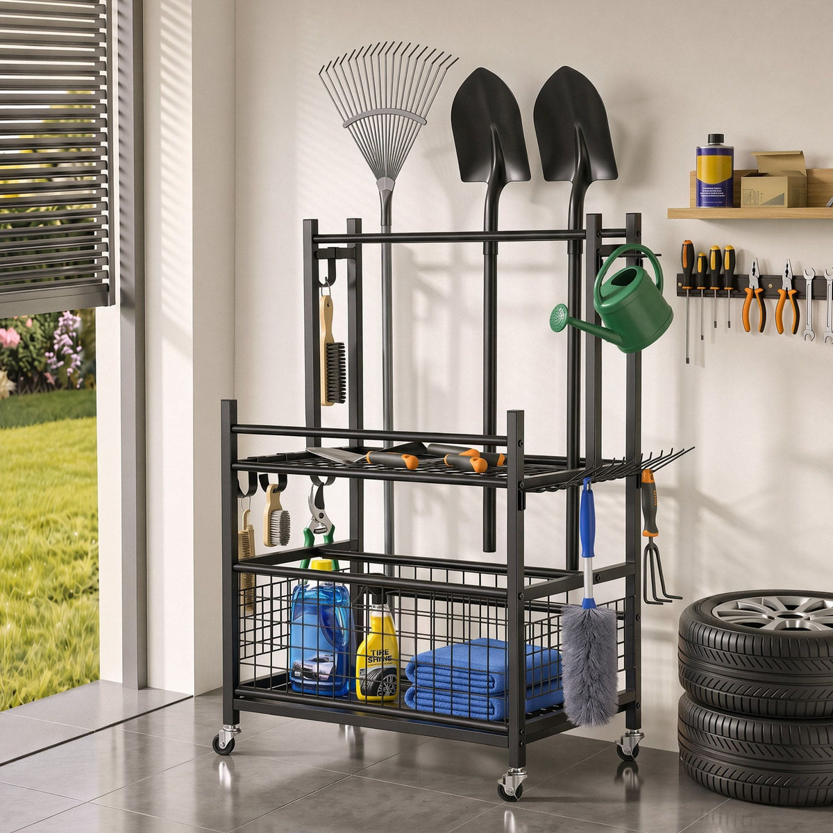 Alona.com.au Tools > Tools Storage > Wall Storage Racks Gardeon Garden Tool Organizer Rack 16 Slots Rolling Garage Storage with Hooks