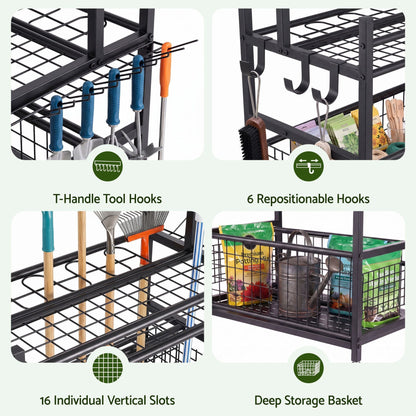 Alona.com.au Tools > Tools Storage > Wall Storage Racks Gardeon Garden Tool Organizer Rack 16 Slots Rolling Garage Storage with Hooks