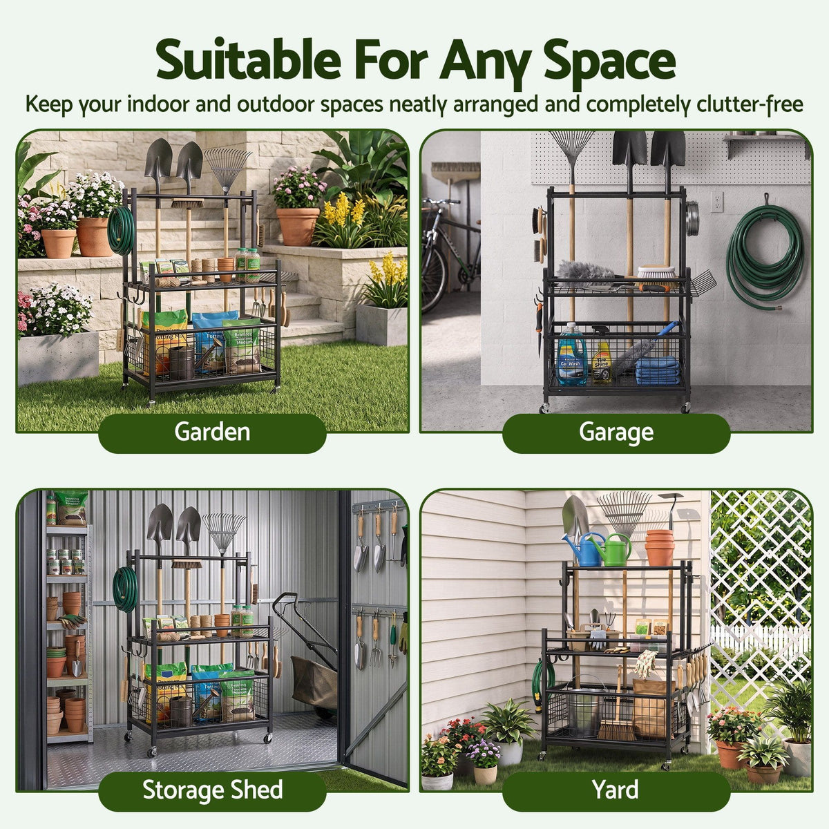 Alona.com.au Tools > Tools Storage > Wall Storage Racks Gardeon Garden Tool Organizer Rack 16 Slots Rolling Garage Storage with Hooks