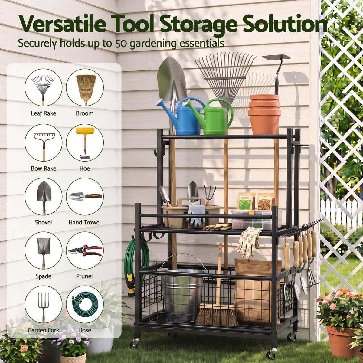 Alona.com.au Tools > Tools Storage > Wall Storage Racks Gardeon Garden Tool Organizer Rack 16 Slots Rolling Garage Storage with Hooks
