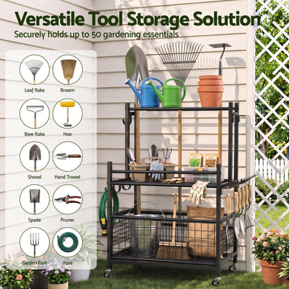 Alona.com.au Tools > Tools Storage > Wall Storage Racks Gardeon Garden Tool Organizer Rack 16 Slots Rolling Garage Storage with Hooks