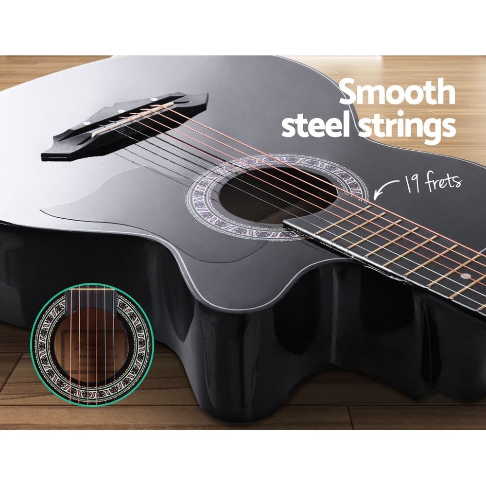 Alpha Audio & Video > Musical Instrument & Accessories > Guitars Alpha 38 Inch Acoustic Guitar Wooden Body Steel String Full Size Cutaway Black