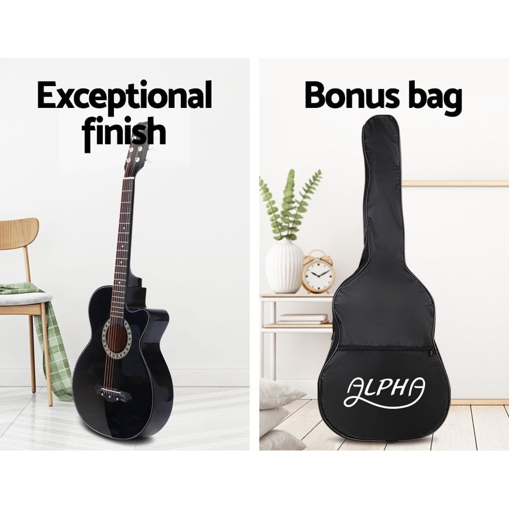 Alpha Audio & Video > Musical Instrument & Accessories > Guitars Alpha 38 Inch Acoustic Guitar Wooden Body Steel String Full Size Cutaway Black