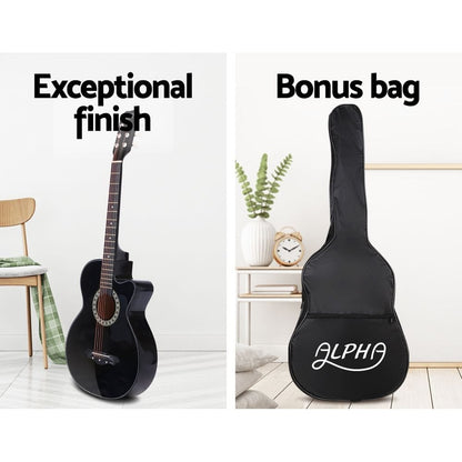 Alpha Audio & Video > Musical Instrument & Accessories > Guitars Alpha 38 Inch Acoustic Guitar Wooden Body Steel String Full Size Cutaway Black