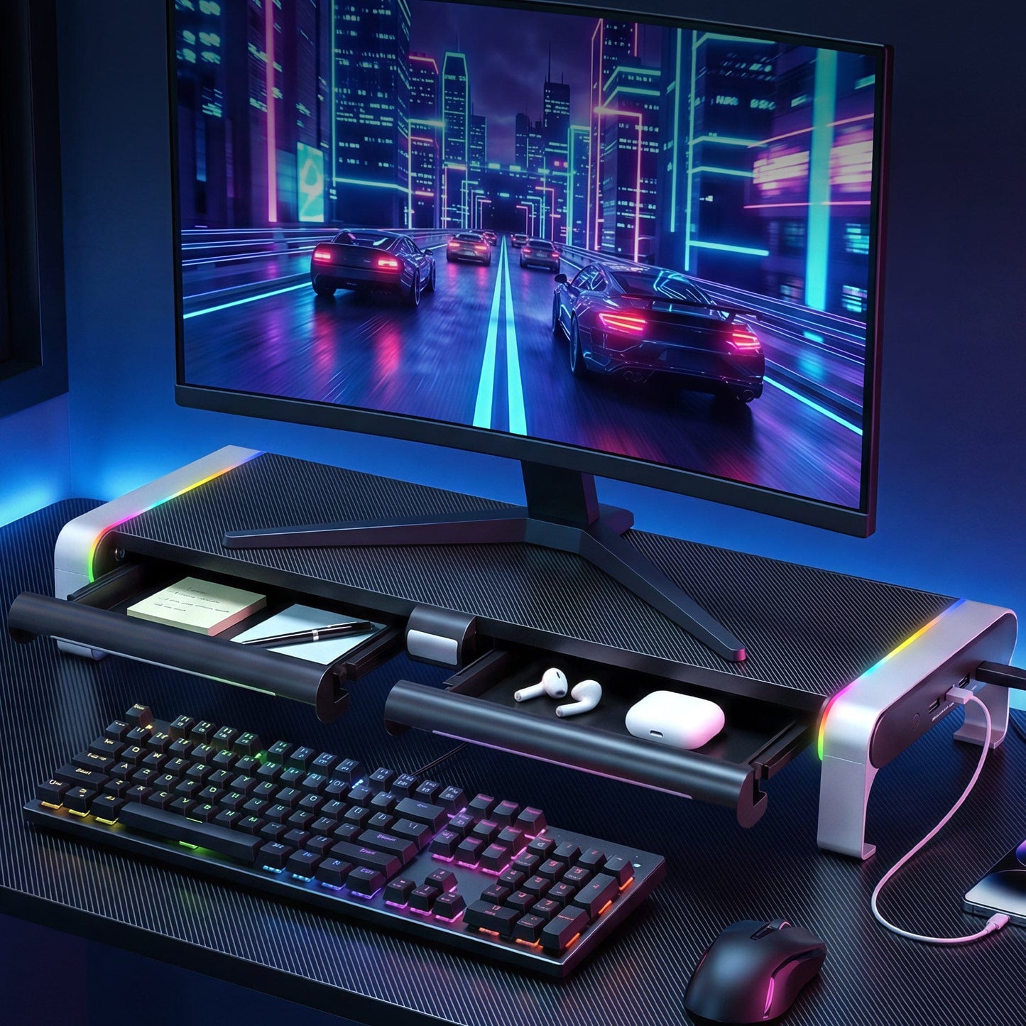 Artiss Electronics > Computers & Tablets > Desktops & Accessories Artiss RGB Monitor Stand with USB Hub Desk Organiser Charging Stand Computer Stand Black
