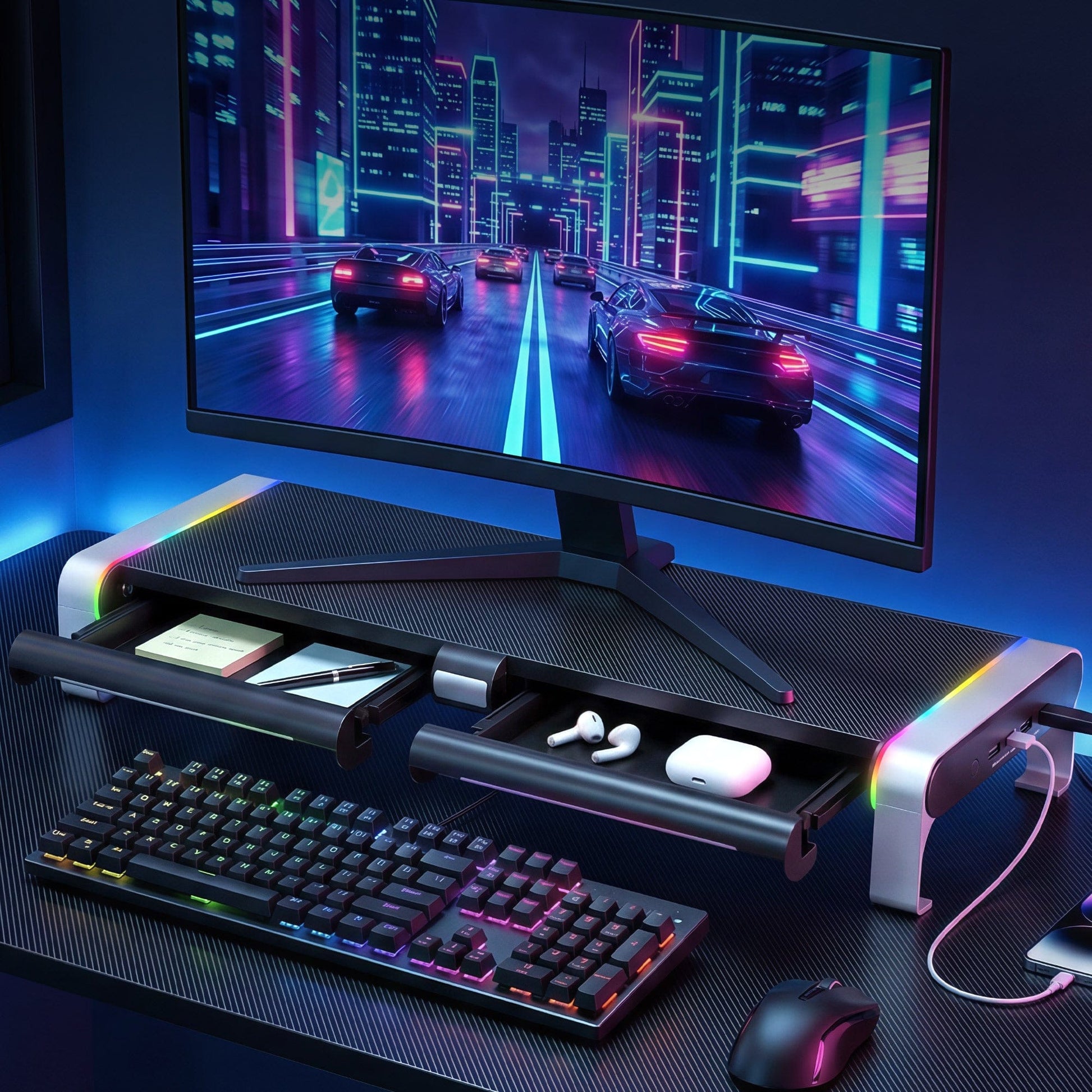 Artiss Electronics > Computers & Tablets > Desktops & Accessories Artiss RGB Monitor Stand with USB Hub Desk Organiser Charging Stand Computer Stand Black