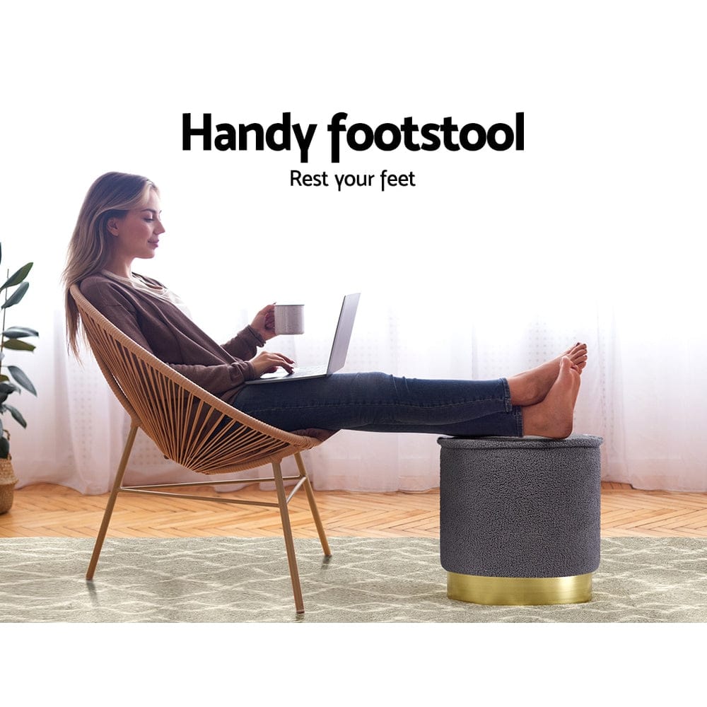 Artiss Furniture > Bar Stools & Chairs > Arm Chairs & Recliners Artiss Ottoman Foot Stool Round Teddy Fabric Charcoal