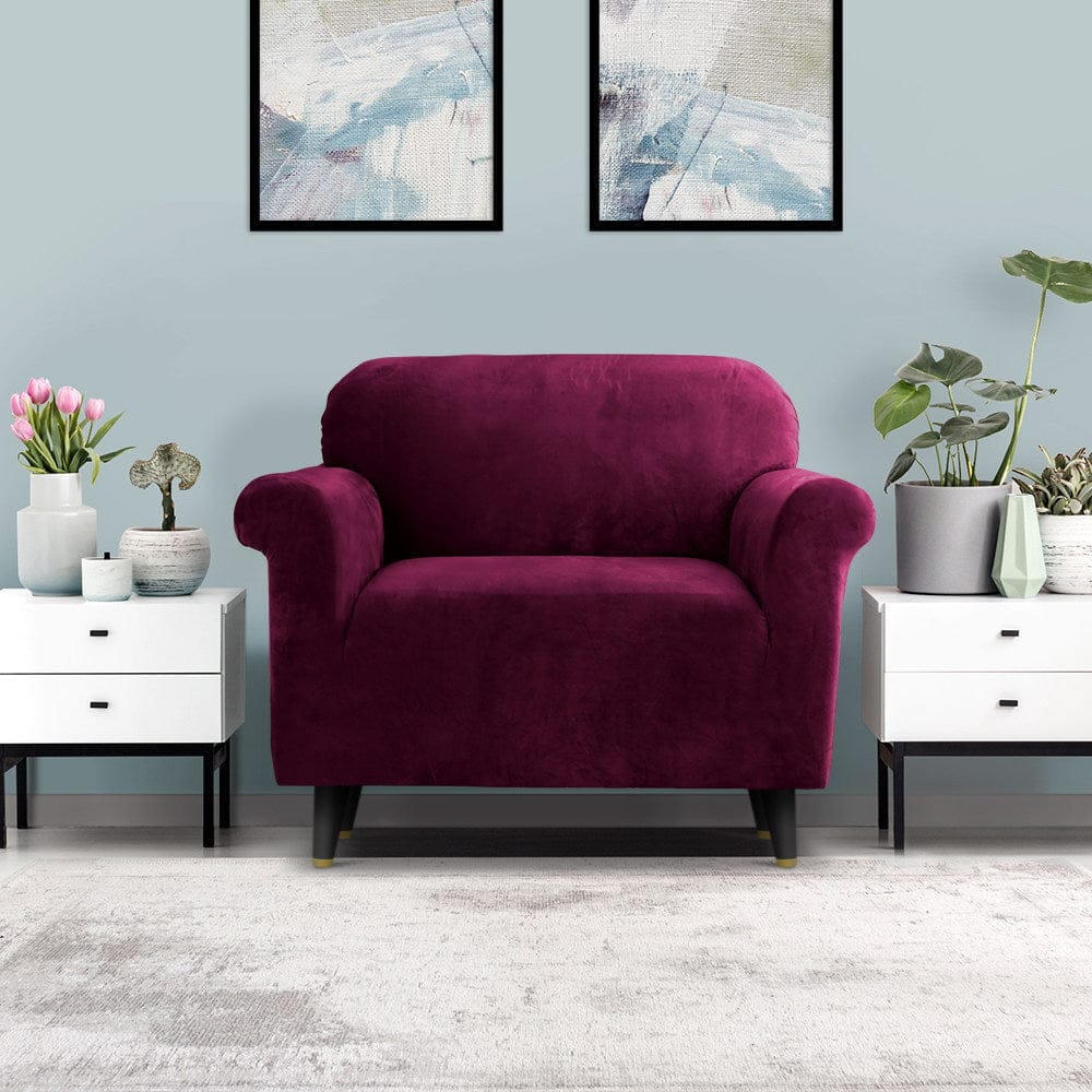 Artiss Furniture > Bar Stools & Chairs > Arm Chairs & Recliners Artiss Sofa Cover Couch Covers 1 Seater Velvet Ruby Red