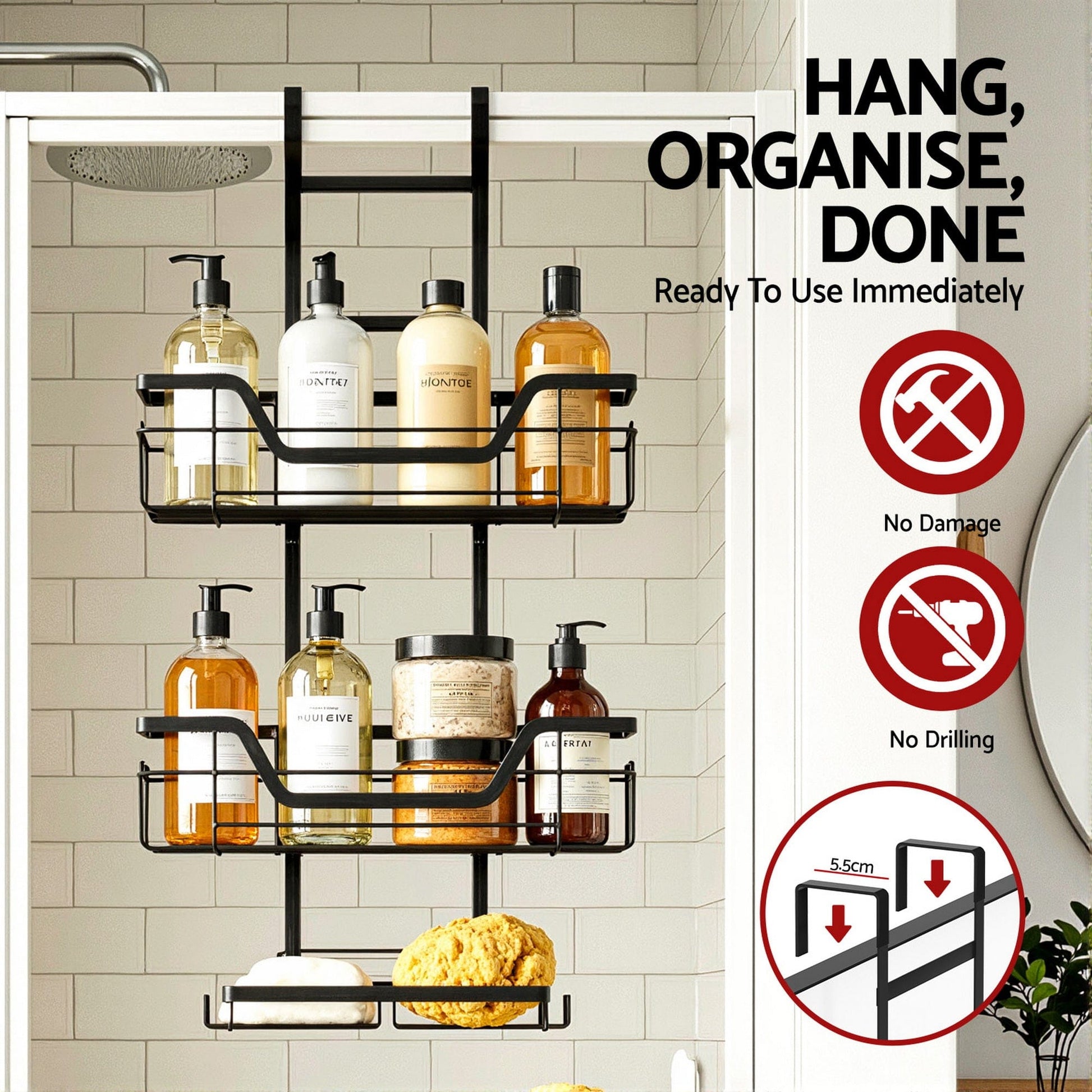Artiss Furniture > Bathroom > Bathroom Cabinets, Cupboards & Storage Artiss 3 Tier Over The Door Shower Caddy Hanging Bathroom Storage Organizer