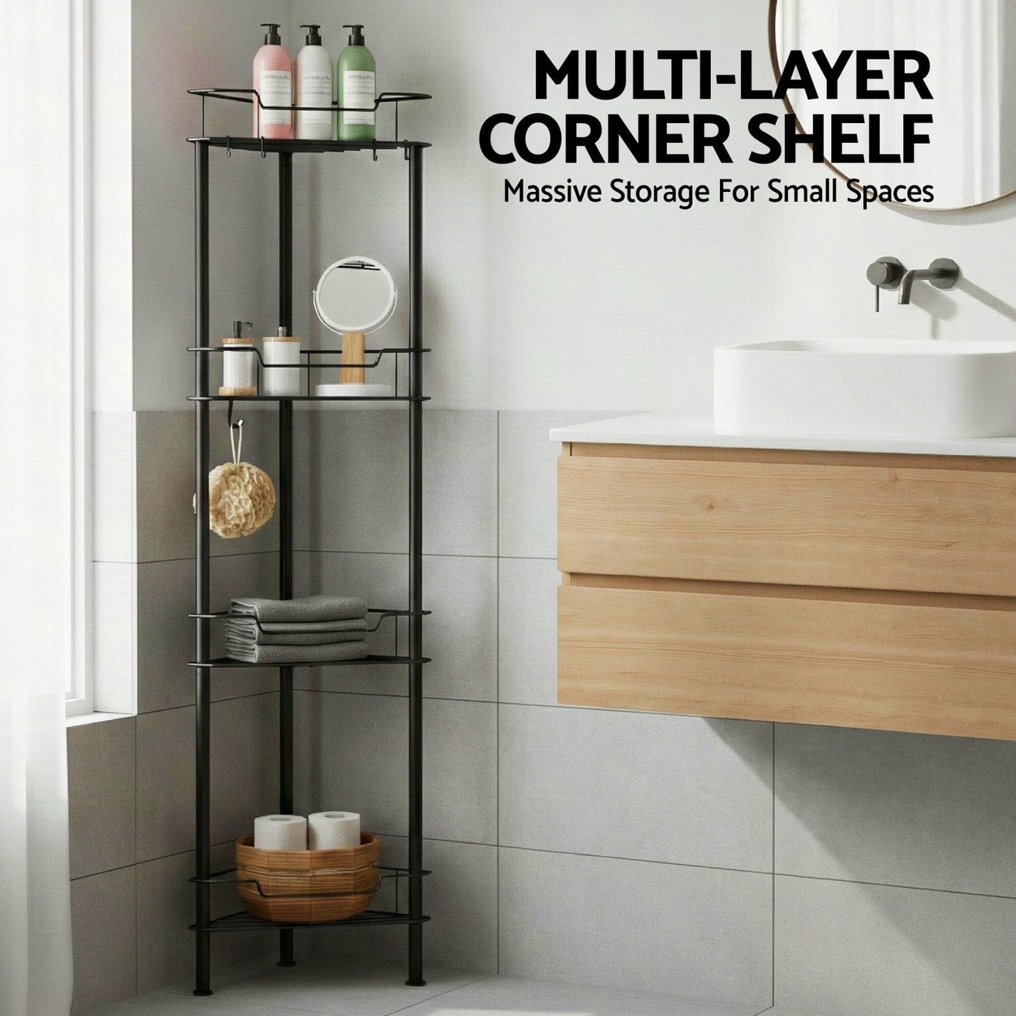 Artiss Furniture > Bathroom > Bathroom Cabinets, Cupboards & Storage Artiss 4 Tier Floor Standing Corner Shower Caddy Bathroom Organizer Black