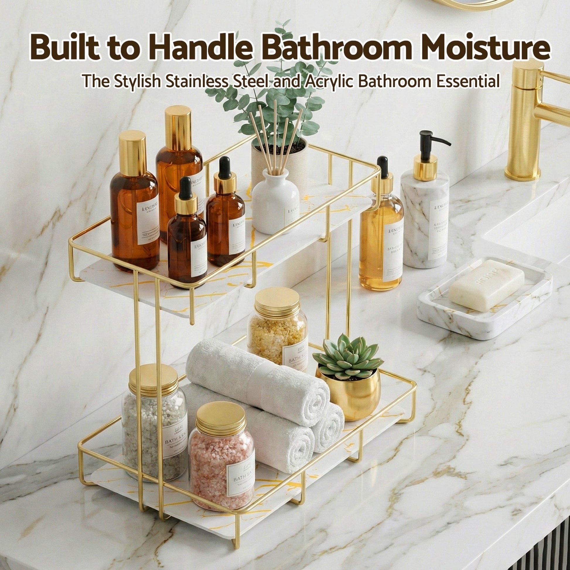 Artiss Furniture > Bathroom > Bathroom Cabinets, Cupboards & Storage Artiss Bathroom Storage Rack 2 Tier Corner Organiser Gold Marble Look