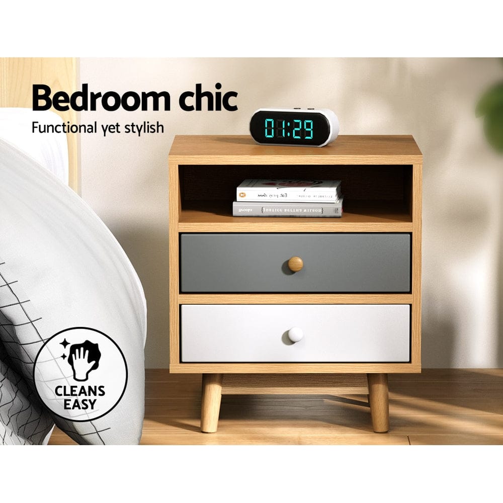 Artiss Furniture > Bedroom > Bedside Tables Artiss Bedside Table 2 Drawers with Shelf - BERTHA Oak