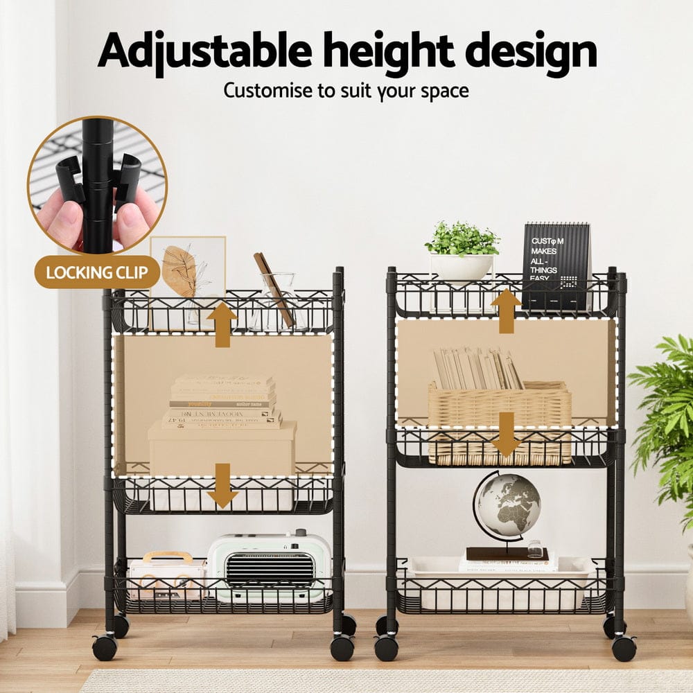 Artiss Furniture > Dining > Kitchen & Dining Trolleys Artiss 3-Tier Shelving Unit Adjustable Garage Storage Kitchen Rack With Wheels