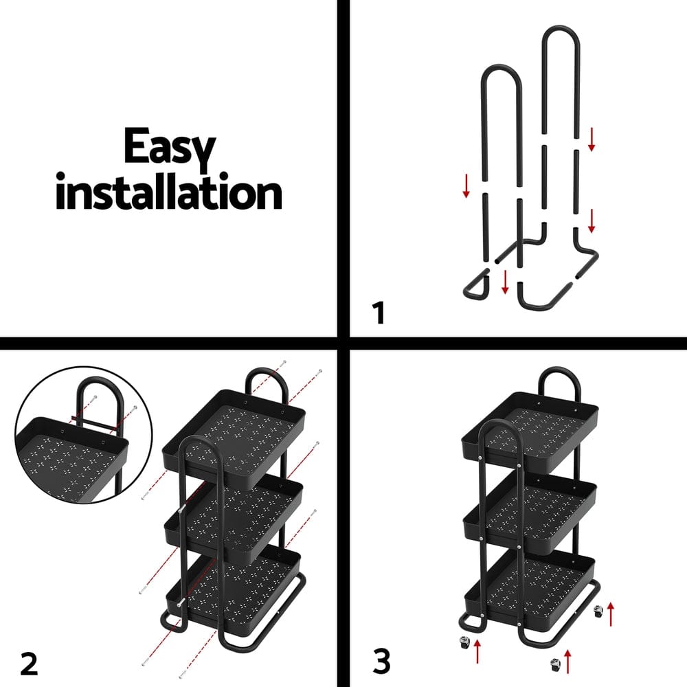 Artiss Furniture > Dining > Kitchen & Dining Trolleys Artiss Storage Trolley Kitchen Cart 3 Tiers Rack Shelf Organiser Wheels Black