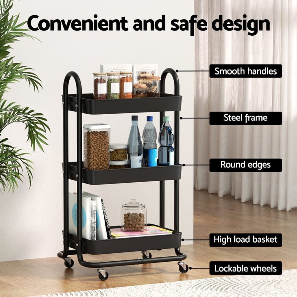 Artiss Furniture > Dining > Kitchen & Dining Trolleys Artiss Storage Trolley Kitchen Cart 3 Tiers Rack Shelf Organiser Wheels Black