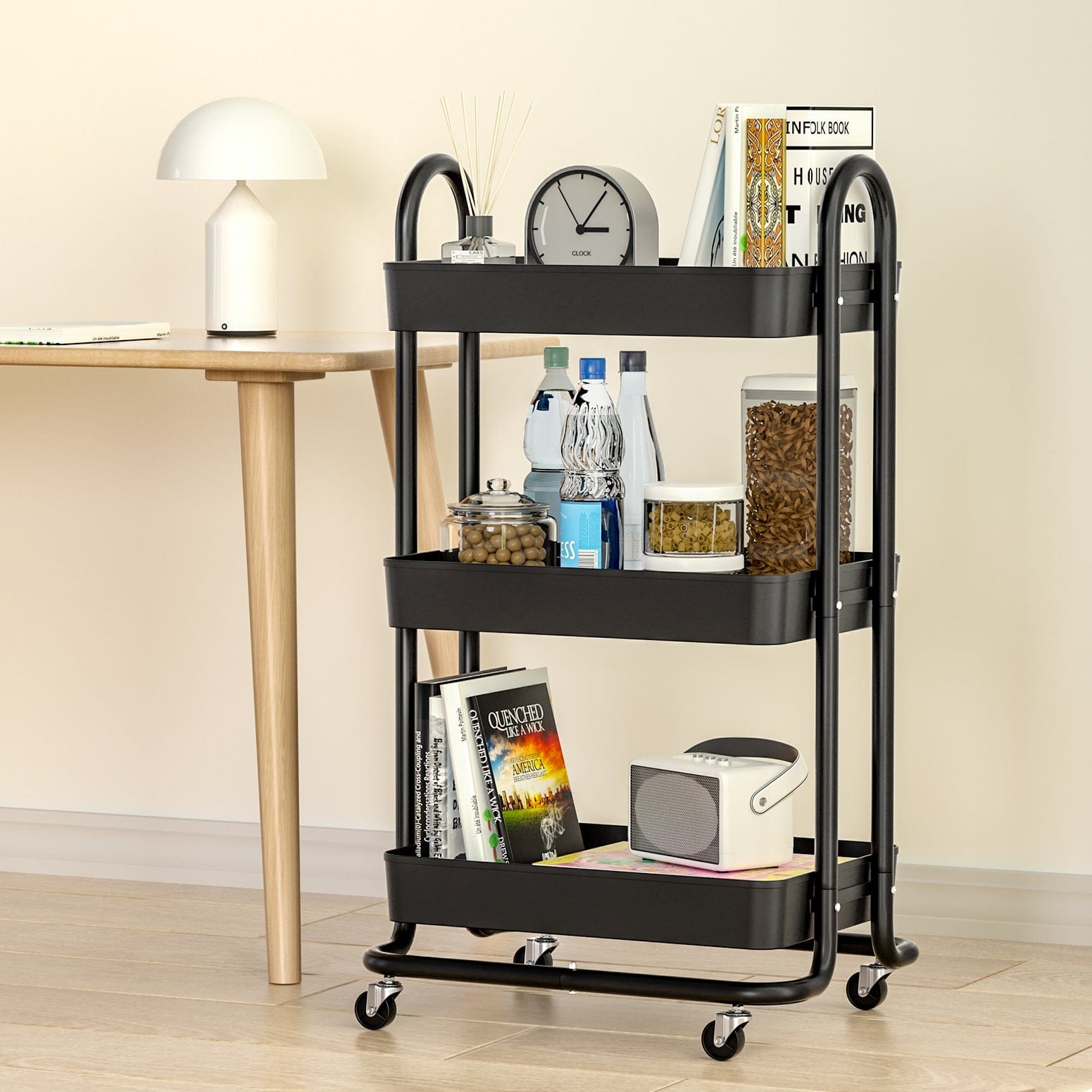 Artiss Furniture > Dining > Kitchen & Dining Trolleys Artiss Storage Trolley Kitchen Cart 3 Tiers Rack Shelf Organiser Wheels Black