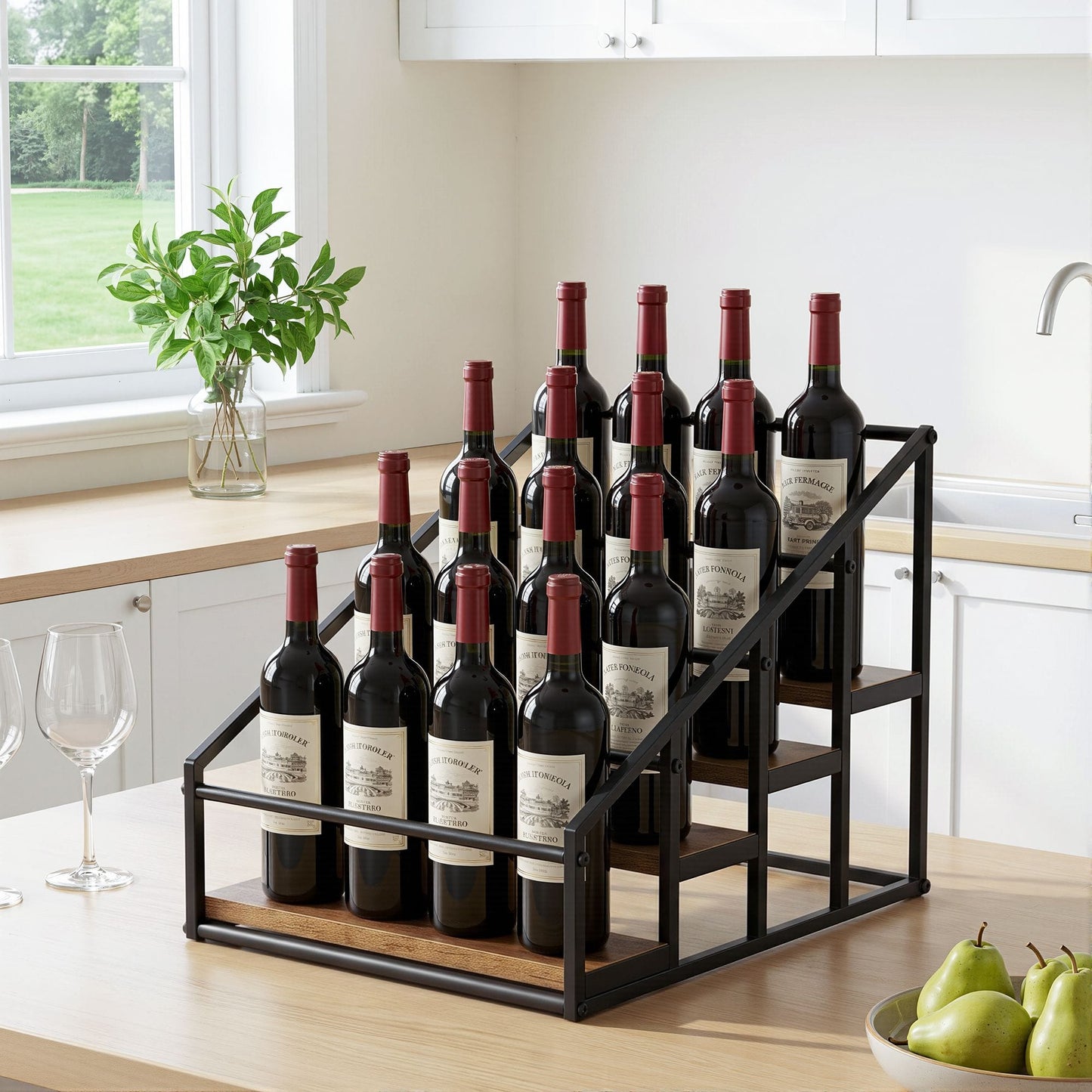 Artiss Furniture > Dining > Wine Racks Artiss 4-Tier Wine Rack Tabletop Countertop Wine Bottle Holder 16 Bottles Freestanding Black & Wood
