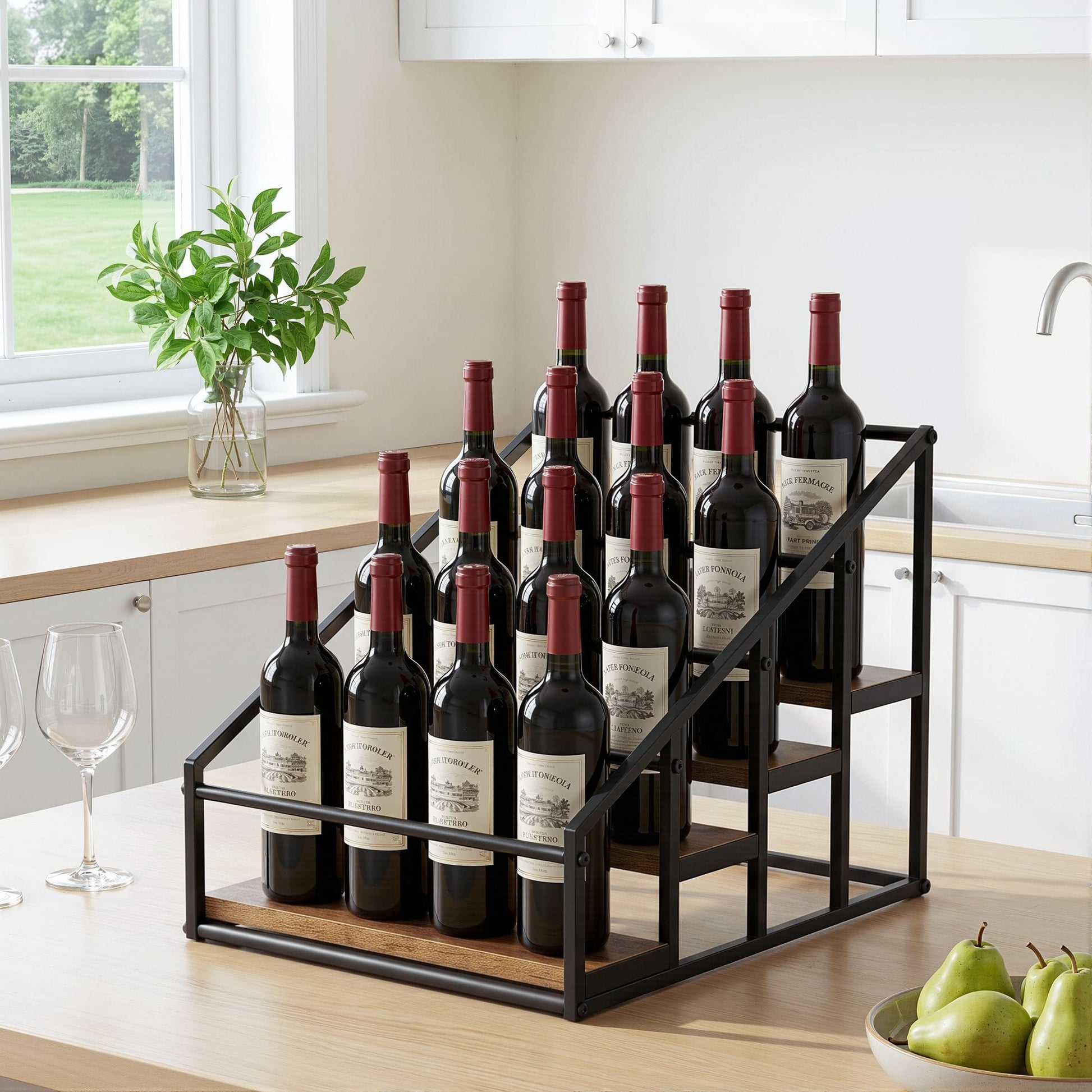 Artiss Furniture > Dining > Wine Racks Artiss 4-Tier Wine Rack Tabletop Countertop Wine Bottle Holder 16 Bottles Freestanding Black & Wood