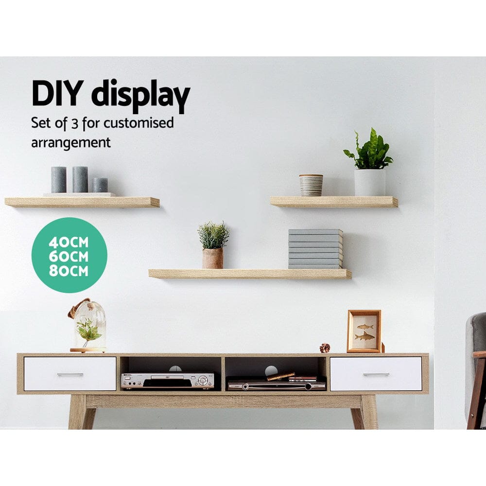 Artiss Furniture > Living Room > Bookcases & Shelves Artiss Floating Wall Shelf Set of 3 Oak