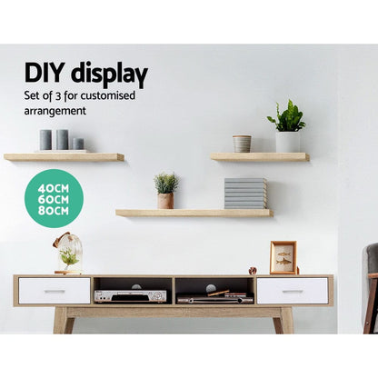 Artiss Furniture > Living Room > Bookcases & Shelves Artiss Floating Wall Shelf Set of 3 Oak