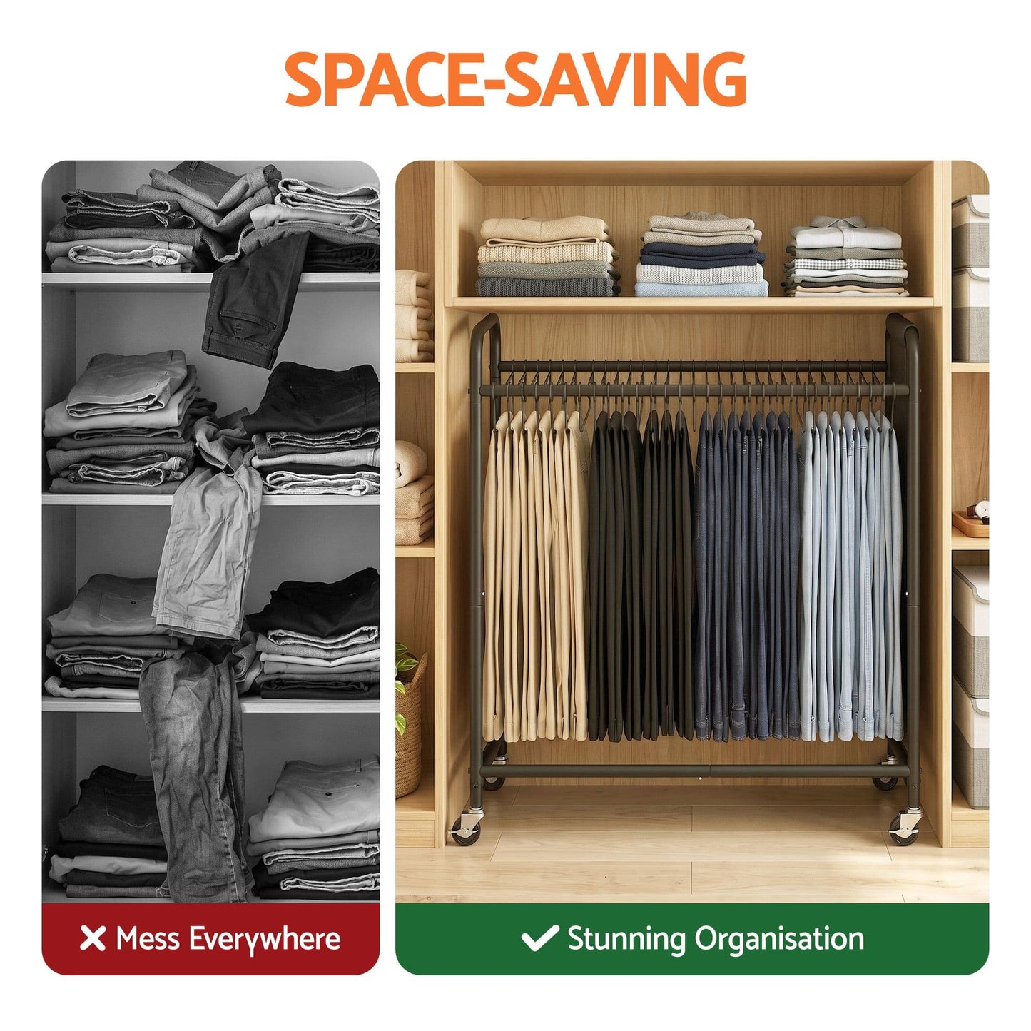 Artiss Furniture > Living Room > Coat Racks Artiss Pants Trolley Mobile Clothes Rack Clothing Stand with 30 Hangers Wheels Storage Organizer Bag