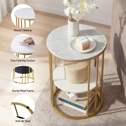 Artiss Furniture > Living Room > Coffee Tables Artiss Coffee Table 2-Tier Round Marble Effect White&Gold