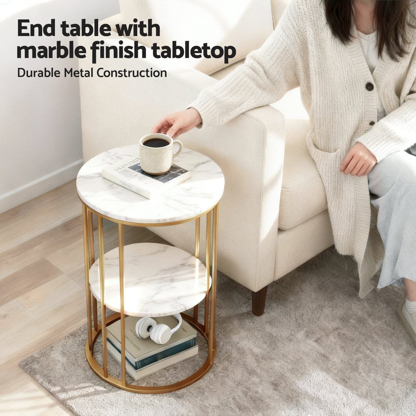 Artiss Furniture > Living Room > Coffee Tables Artiss Coffee Table 2-Tier Round Marble Effect White&Gold