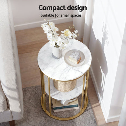 Artiss Furniture > Living Room > Coffee Tables Artiss Coffee Table 2-Tier Round Marble Effect White&Gold