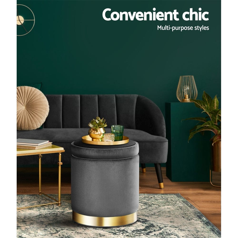 Artiss Furniture > Living Room > Ottomans & Footstools Artiss Ottoman Storage Foot Stool Round Velvet Charcoal