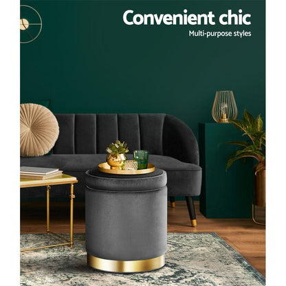 Artiss Furniture > Living Room > Ottomans & Footstools Artiss Ottoman Storage Foot Stool Round Velvet Charcoal