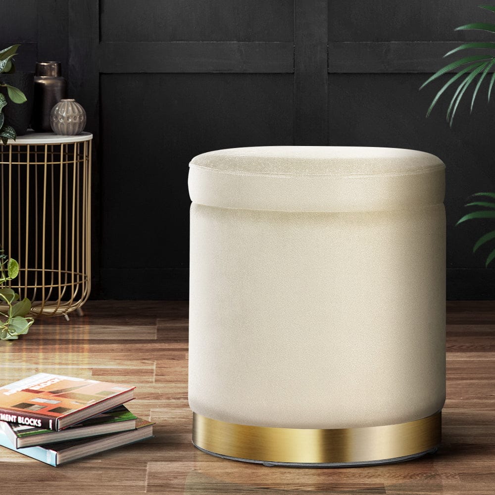 Artiss Furniture > Living Room > Ottomans & Footstools Artiss Ottoman Storage Foot Stool Round Velvet Cream