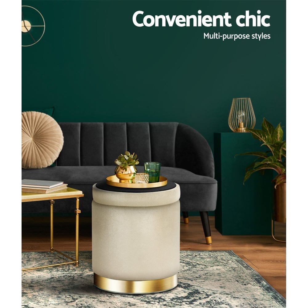 Artiss Furniture > Living Room > Ottomans & Footstools Artiss Ottoman Storage Foot Stool Round Velvet Cream