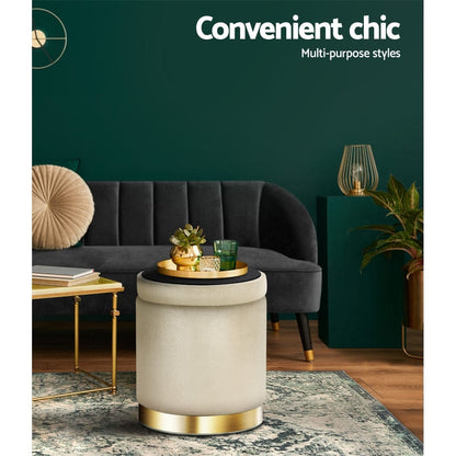 Artiss Furniture > Living Room > Ottomans & Footstools Artiss Ottoman Storage Foot Stool Round Velvet Cream