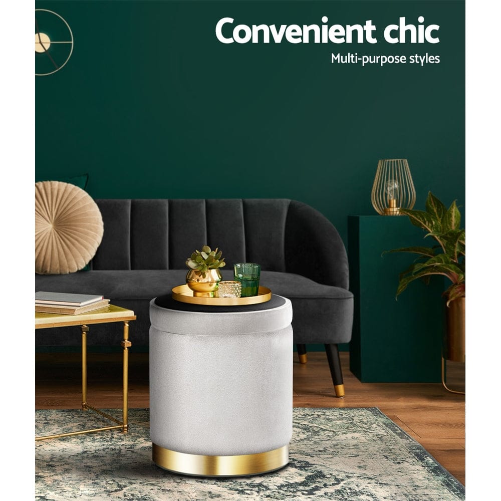 Artiss Furniture > Living Room > Ottomans & Footstools Artiss Ottoman Storage Foot Stool Round Velvet Grey