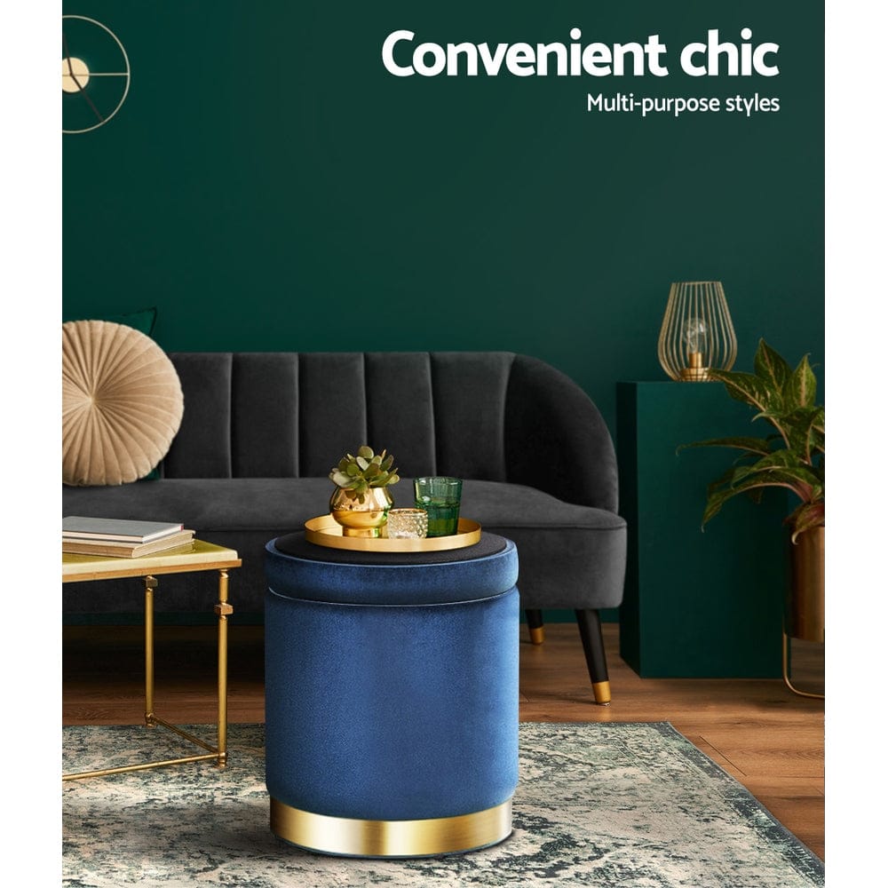 Artiss Furniture > Living Room > Ottomans & Footstools Artiss Ottoman Storage Foot Stool Round Velvet Navy