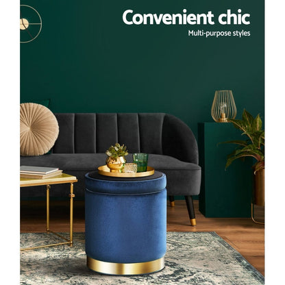 Artiss Furniture > Living Room > Ottomans & Footstools Artiss Ottoman Storage Foot Stool Round Velvet Navy