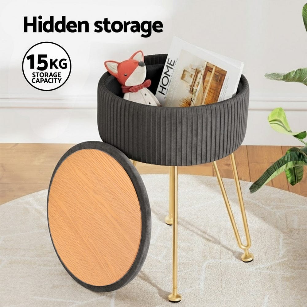 Artiss Furniture > Living Room > Ottomans & Footstools Artiss Ottoman Storage Foot Stool Vanity Velvet Round Grey