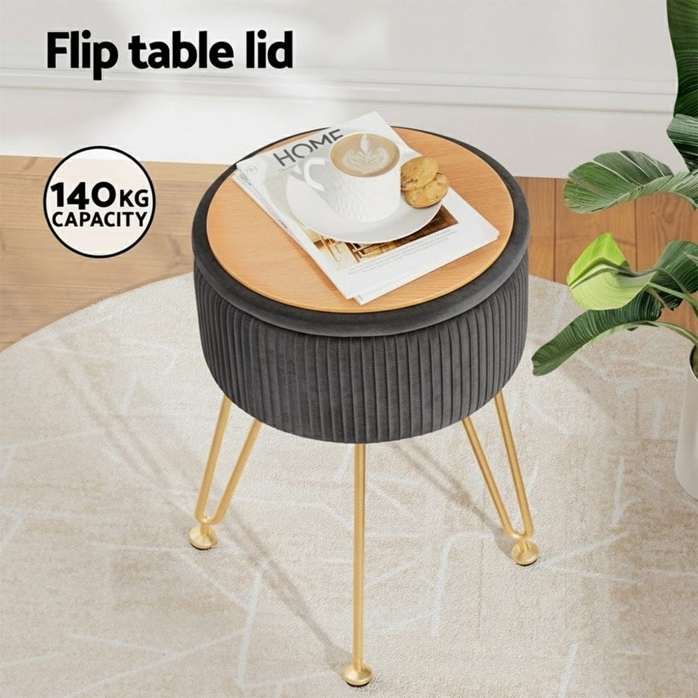 Artiss Furniture > Living Room > Ottomans & Footstools Artiss Ottoman Storage Foot Stool Vanity Velvet Round Grey