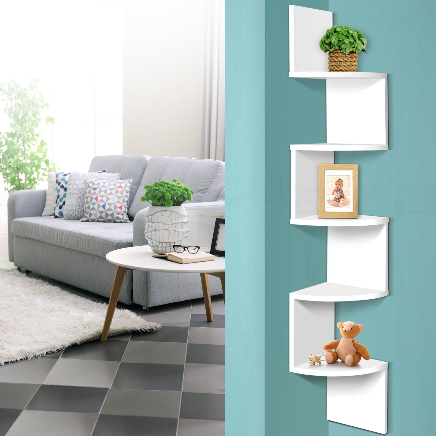 Artiss Furniture > Living Room > Side Tables Artiss Wall Shelf Corner Floating 5-Tier White