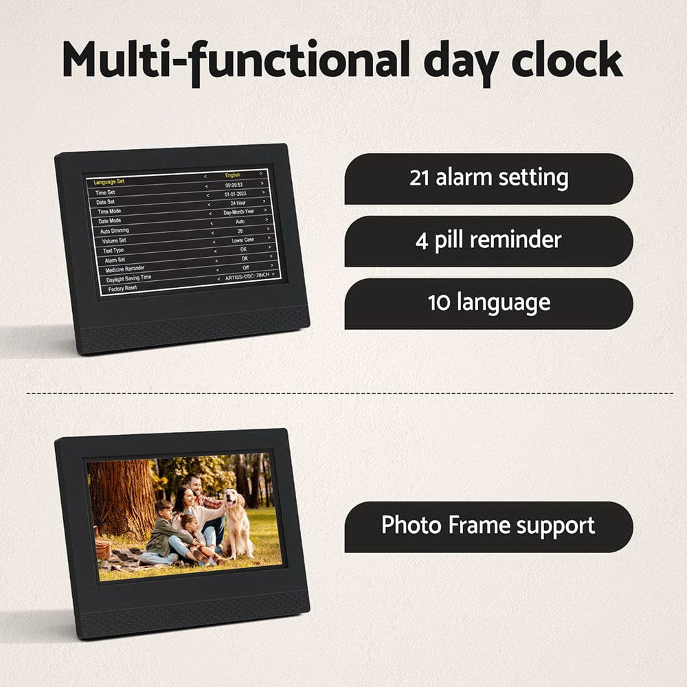 Artiss Home & Garden > Decor > Clocks Artiss 7" Digital Day Clock Calendar Alarm Black