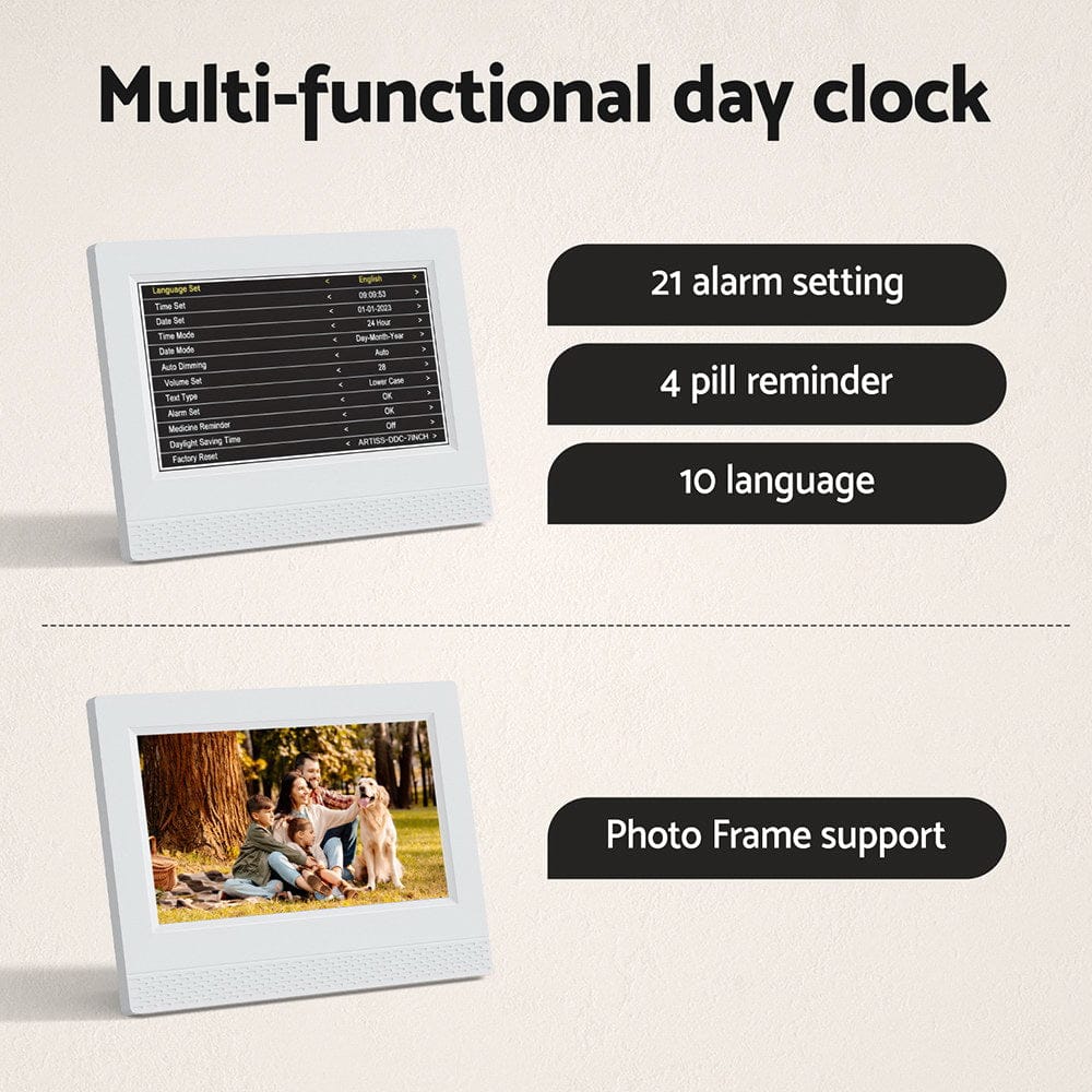 Artiss Home & Garden > Decor > Clocks Artiss 7" Digital Day Clock Calendar Alarm White