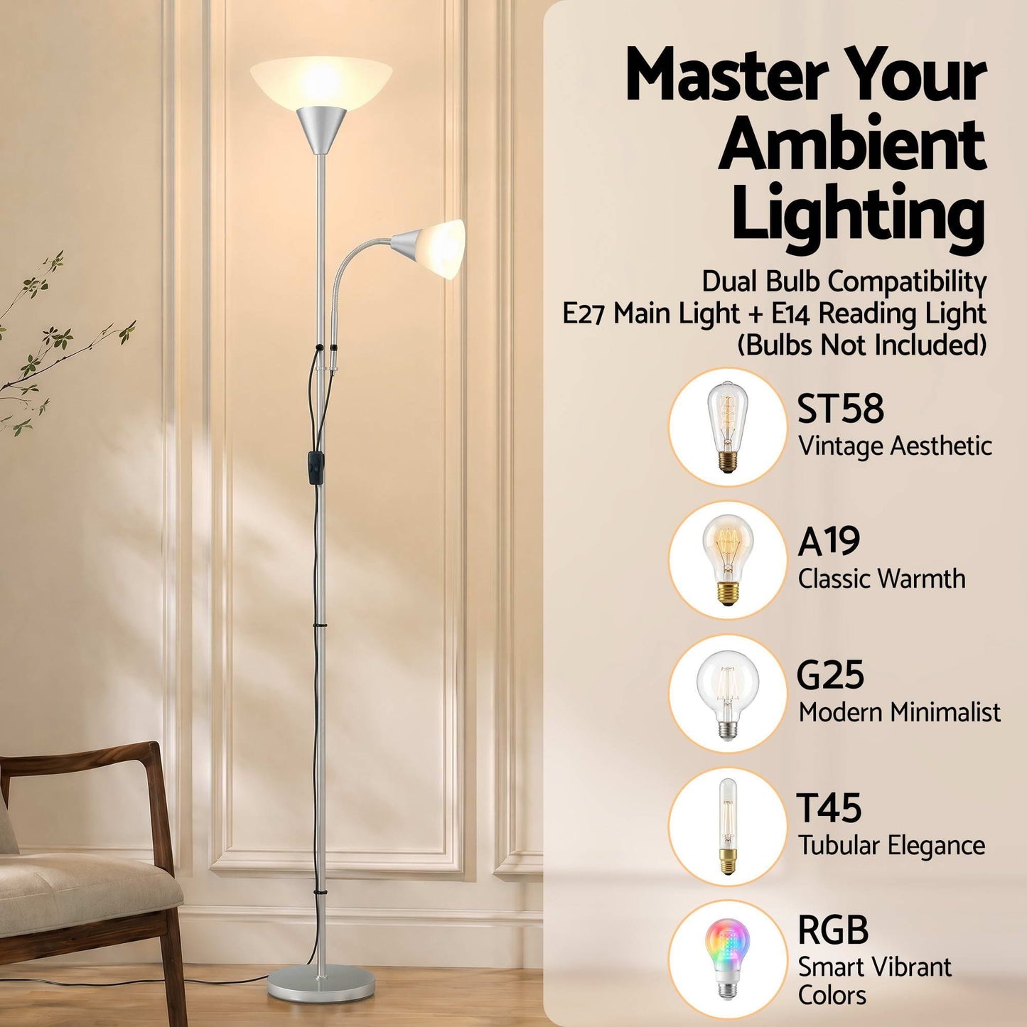 Artiss Home & Garden > Lighting > Floor Lamps Artiss Floor Lamp Mother and Child Modern Home Living Room Office Reading Silver