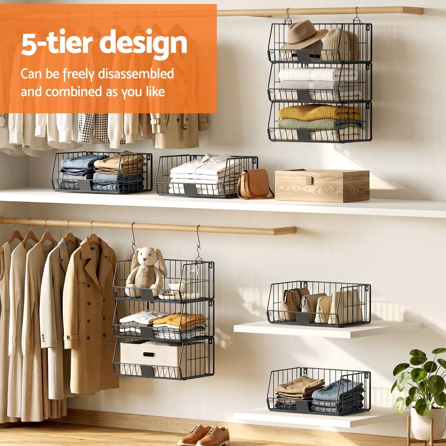 Artiss Home & Garden > Storage > Clothing & Wardrobe Storage Artiss 5 Tier Stackable Closet Organizers and Storage Closet Hanging Storage Organizer Shelves
