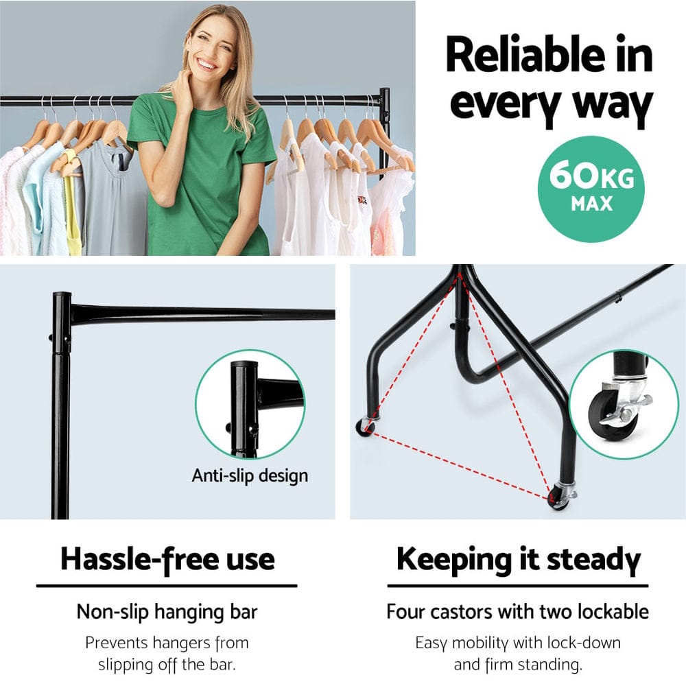 Artiss Home & Garden > Storage > Clothing & Wardrobe Storage Artiss Clothes Rack Airer Coat Stand 6FT Rail Wheels