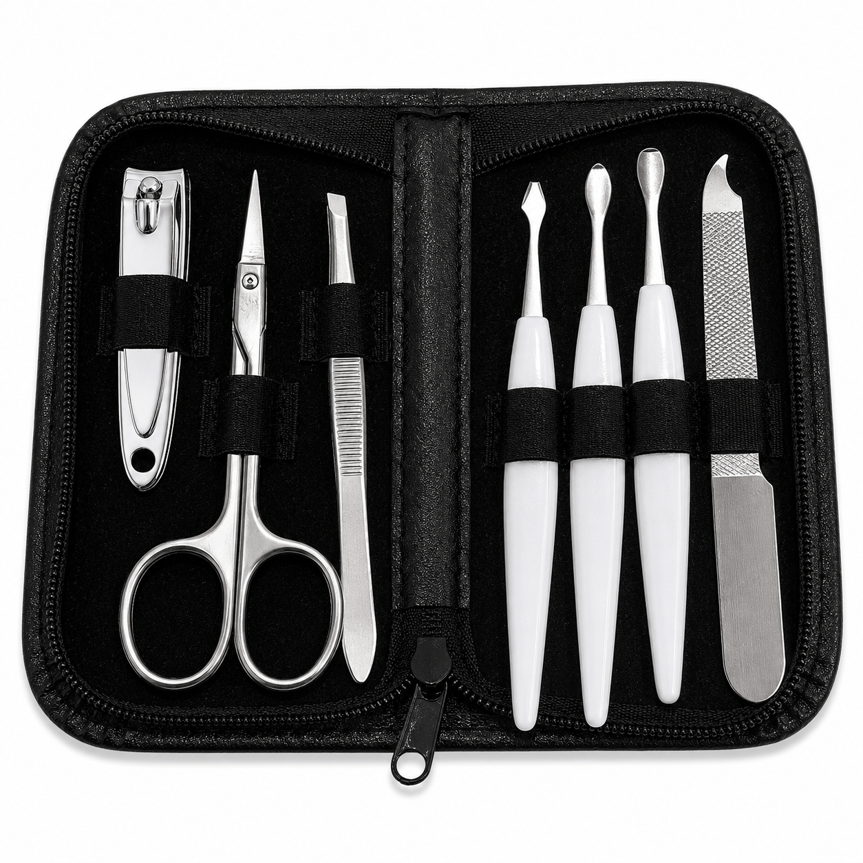 Beauty Worx Manicure Set Black 7PCS Manicure Pedicure Set Stainless Nail Clippers Kit Cuticle Grooming Case