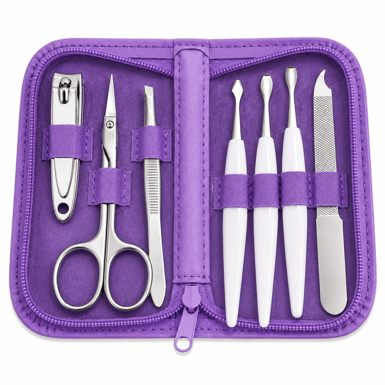 Beauty Worx Manicure Set Purple 7PCS Manicure Pedicure Set Stainless Nail Clippers Kit Cuticle Grooming Case