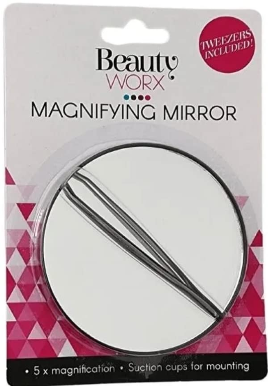 Beauty Worx Mirror with Suction Cup 8.8cm Plain 5X Magnified Beauty Essentials with Tweezers