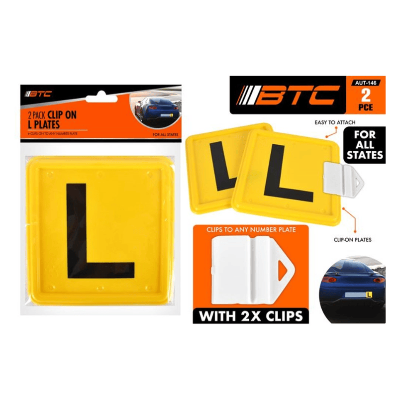 BTC 2pcs L Plate Clip On QLD-VIC-WA Learner Yellow Car License Plastic Number