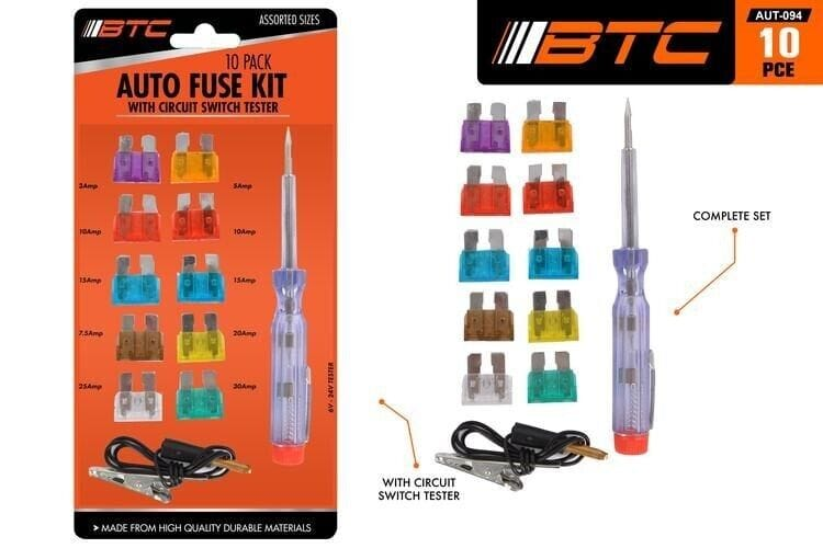 BTC Fuse Tester Fuse Tester Auto Car Truck Kit Circuit Switch 10 Fuses Light Probe Amp 6V-24V