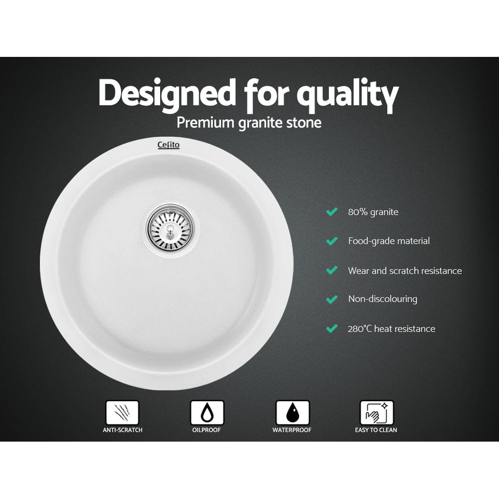 Cefito Furniture > Bathroom > Sinks Cefito Stone Kitchen Sink Round 430MM Granite Under/Topmount Basin Bowl Laundry White